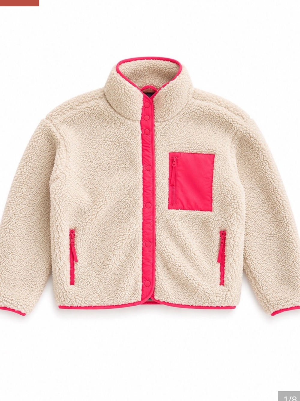 Fabletics Sherpa Fleece Snap Jacket Cream Neon Pink Orange Cozy Teddy Coat Large